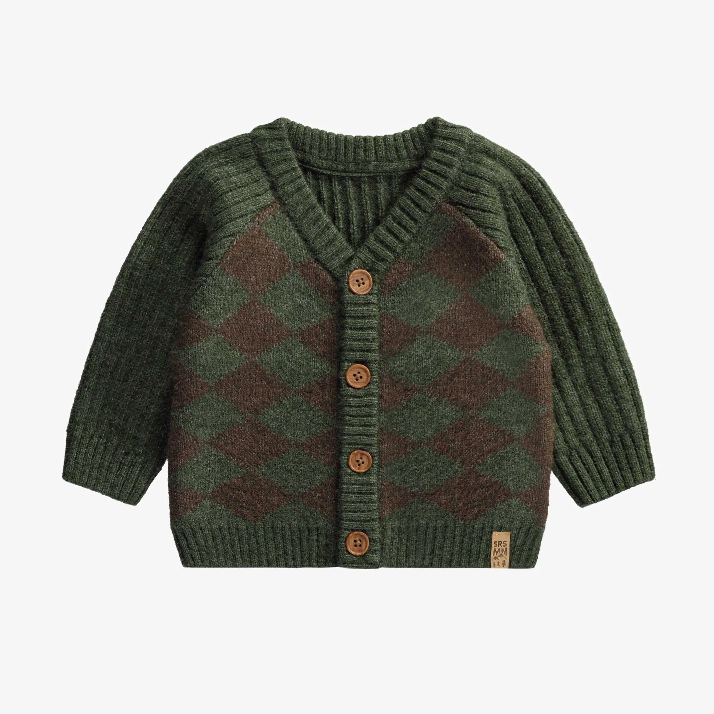 Veste de maille verte foncée à motif jacquard en losange, bébé || Dark green knitted vest plaid jacquard with diamond shape, baby