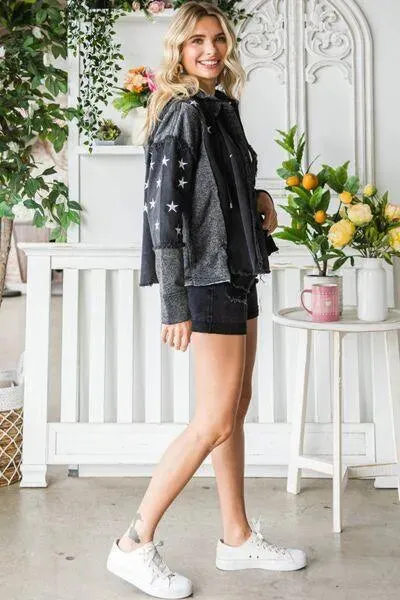 Veveret Star Embroidered Hooded Black Denim Jacket