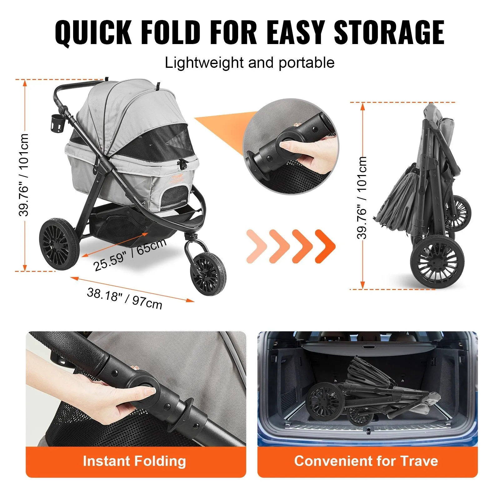 Vevor Pet Stroller 75 Lbs. Capacity 3-Wheel Dual-Brake Quick Fold Storage Basket Grey New