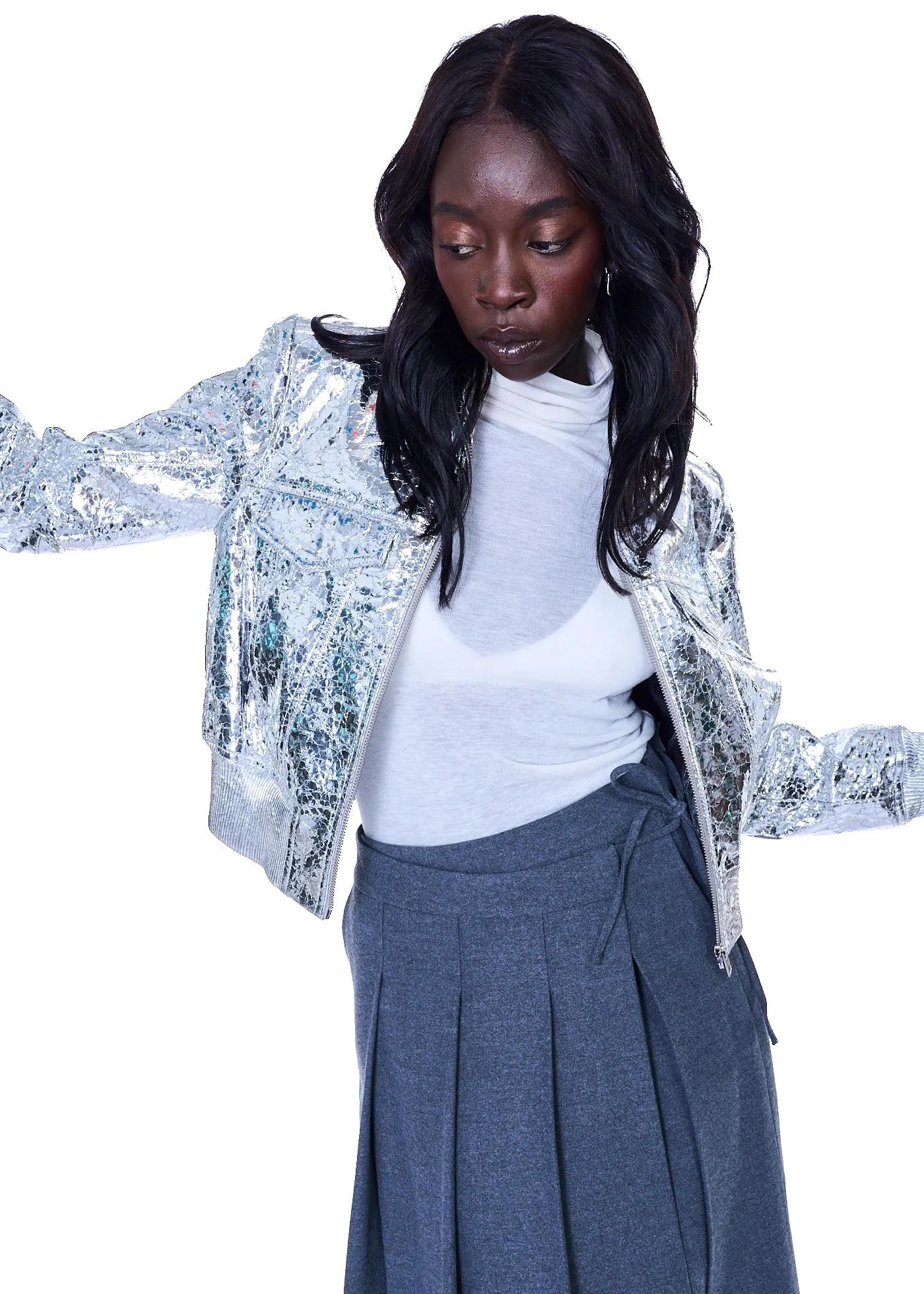 VIAVIA Genuine Leather Bomber Jacket in Silver Crackle