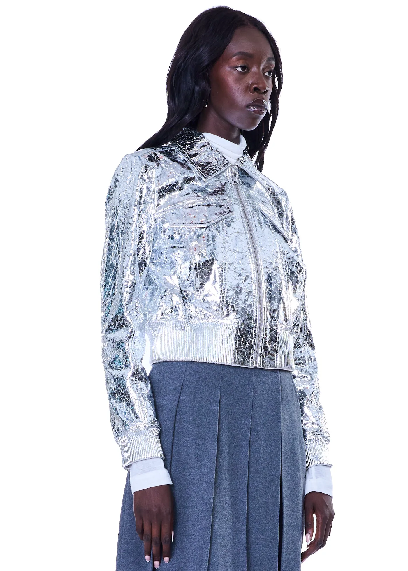 VIAVIA Genuine Leather Bomber Jacket in Silver Crackle