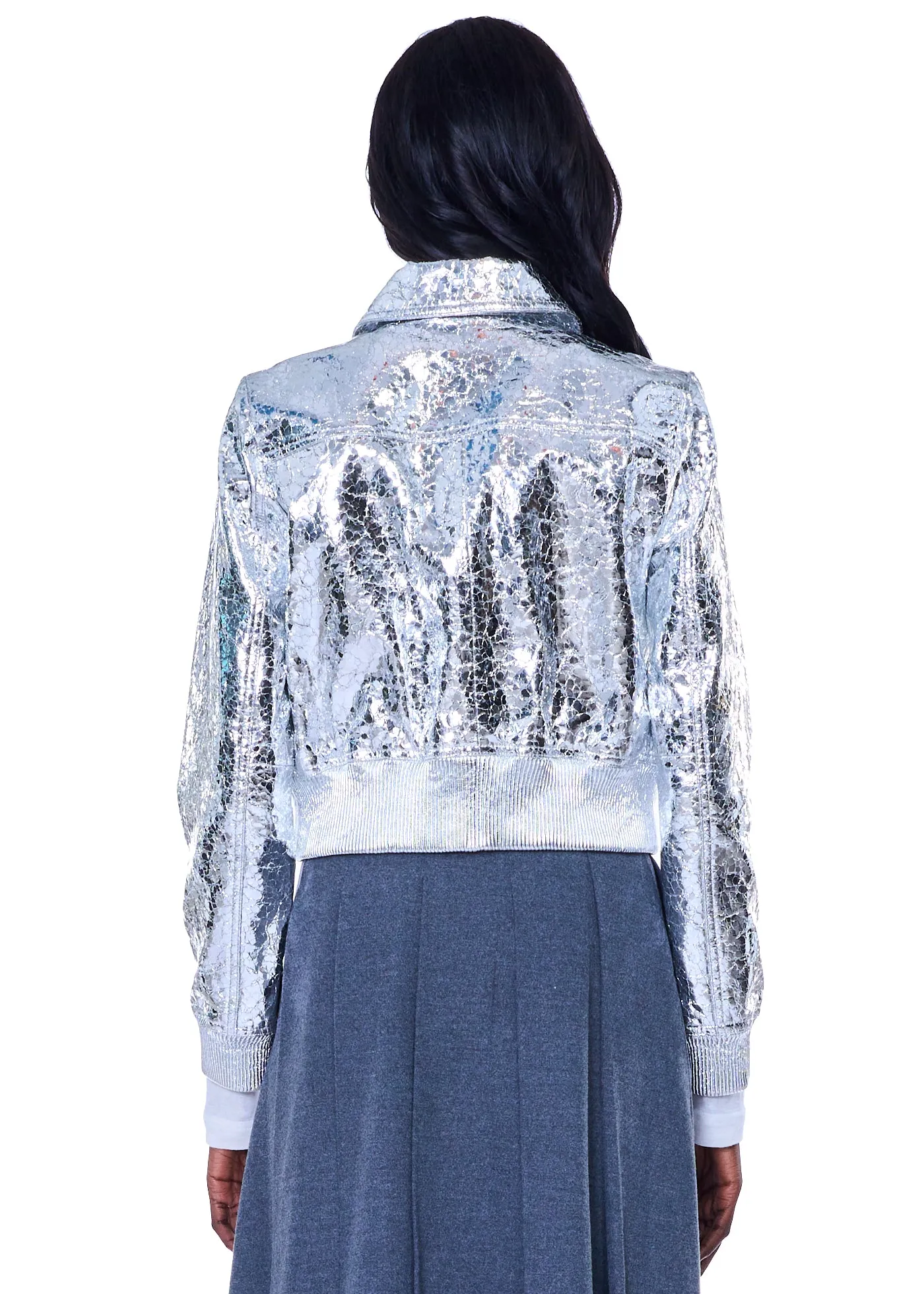 VIAVIA Genuine Leather Bomber Jacket in Silver Crackle