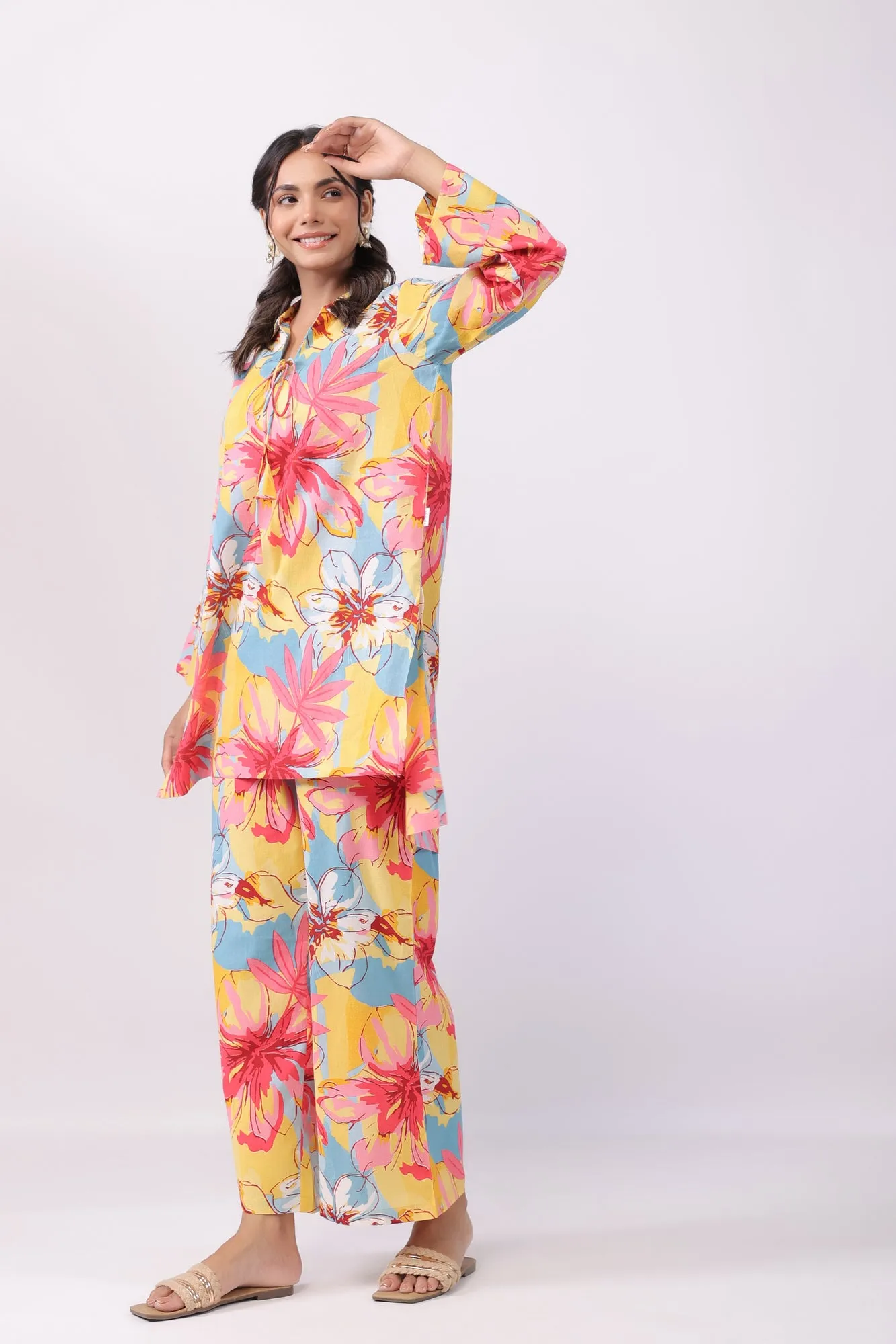 Vibrant Aster Cotton Palazzo Loungewear Set