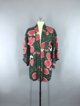 Vintage 1930s Silk Haori Kimono Cardigan / Art Deco Green & Pink Floral Print