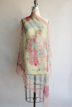 Vintage 1940s 1950s Floral Print Silk Chiffon Scarf