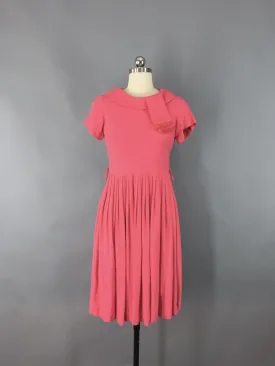 Vintage 1950s Coral Pink Wool Knit Day Dress