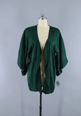 Vintage 1950s Silk Kimono Cardigan Jacket / Forest Green