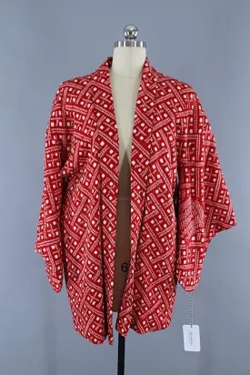 Vintage 1960s Silk Haori Kimono Jacket / Bright Red & White Shibori