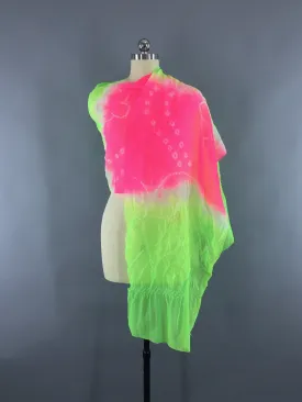 Vintage 1980s Silk Chiffon Kimono Obiage Scarf in NEON Pink and Green Shibori