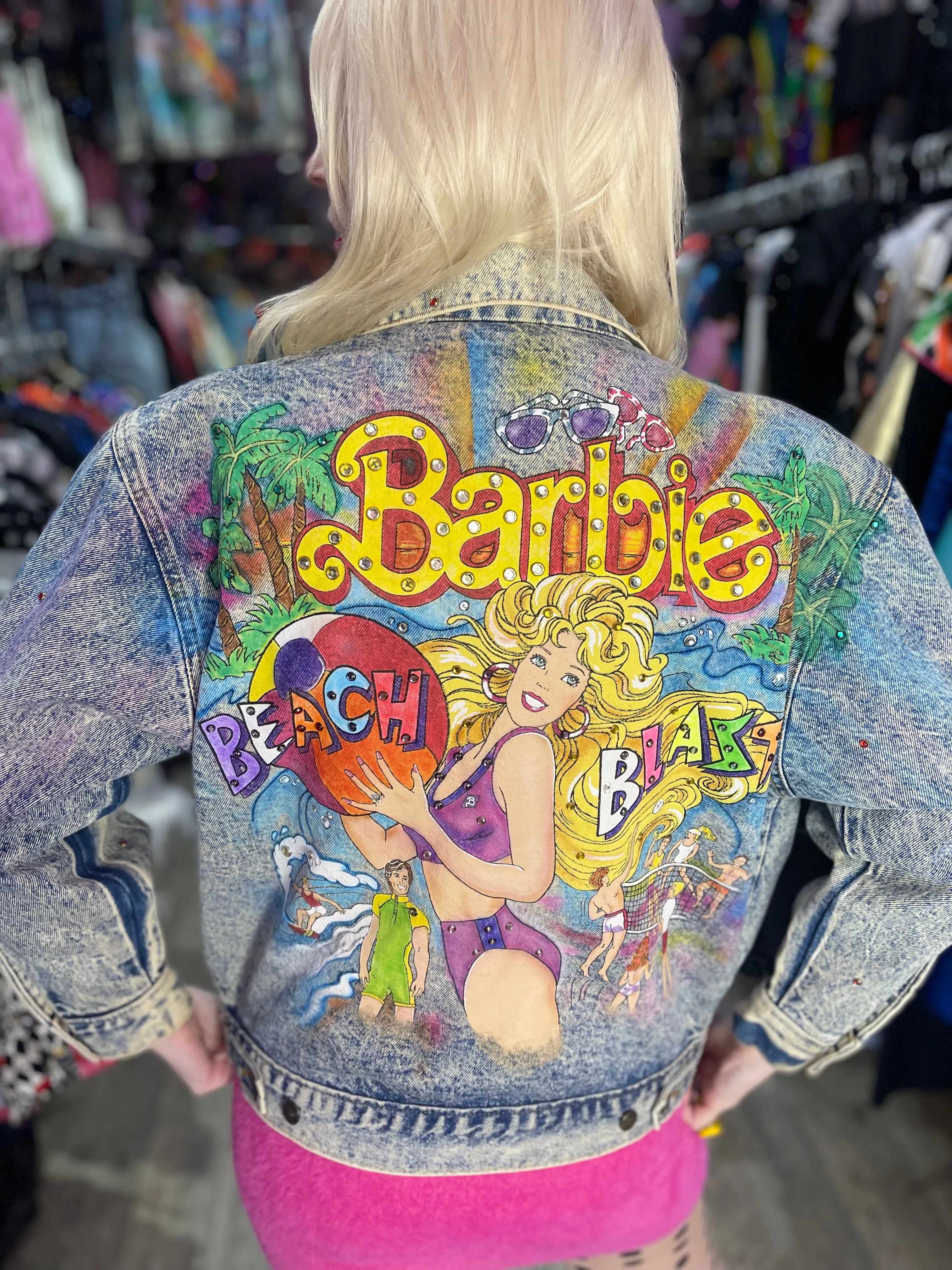 Vintage 1987 Hand Painted and Bedazzled Barbie Beach Blast Jean Jacket