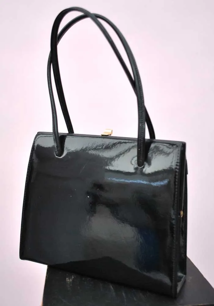 Vintage 60s Black Patent Leather Kelly Handbag