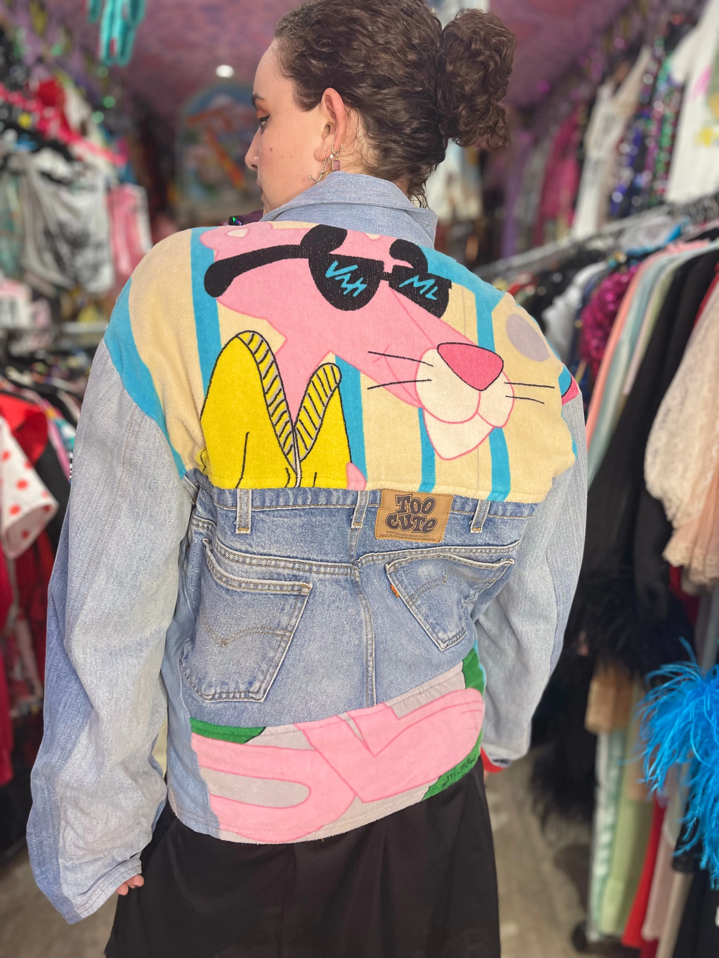 Vintage 80s Patchwork Pink Panther Jean Jacket