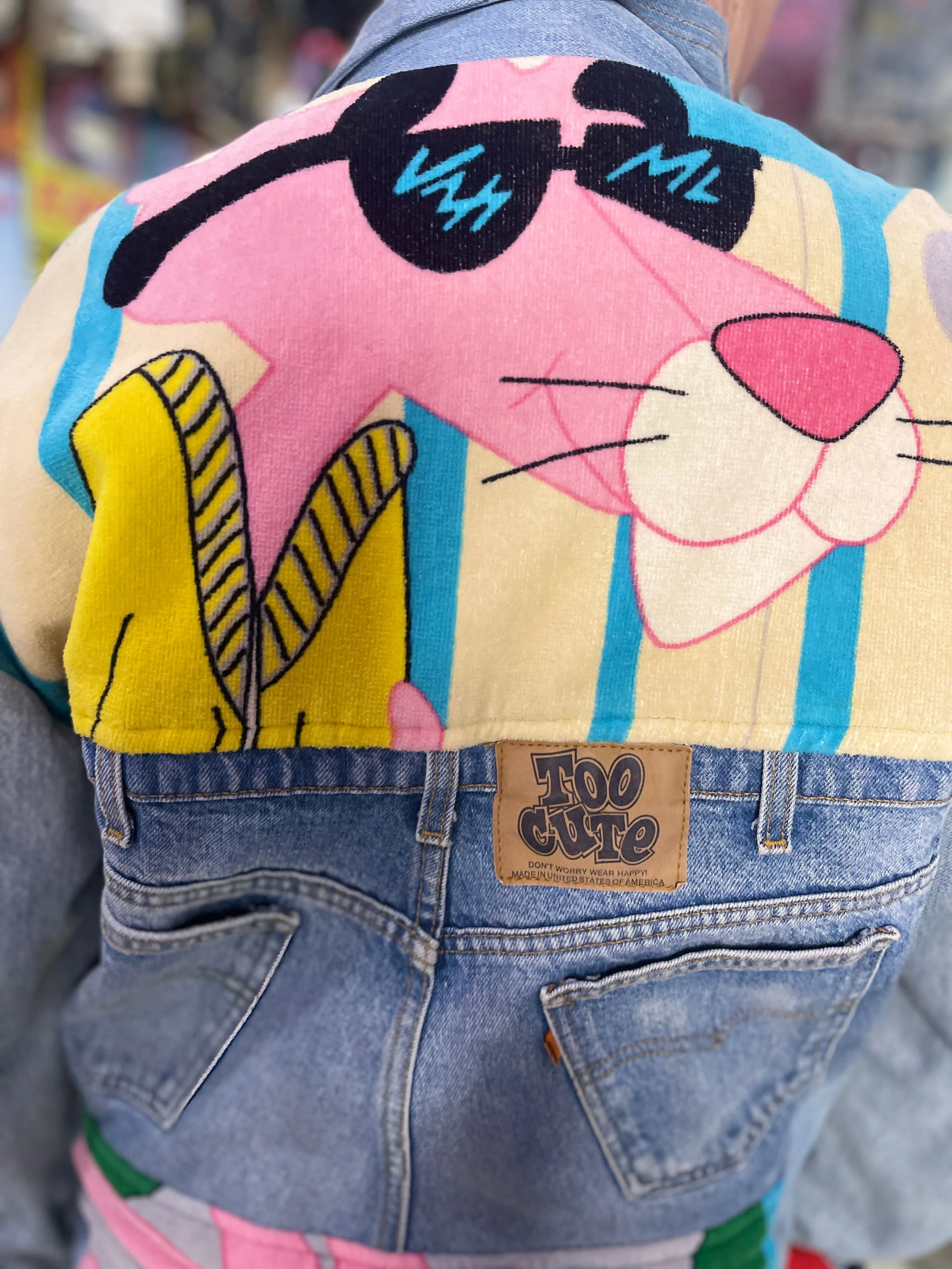 Vintage 80s Patchwork Pink Panther Jean Jacket