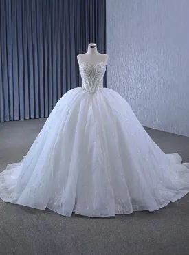 Vintage Ball Gown Tulle Sweetheart Pearls Beading Wedding Dress