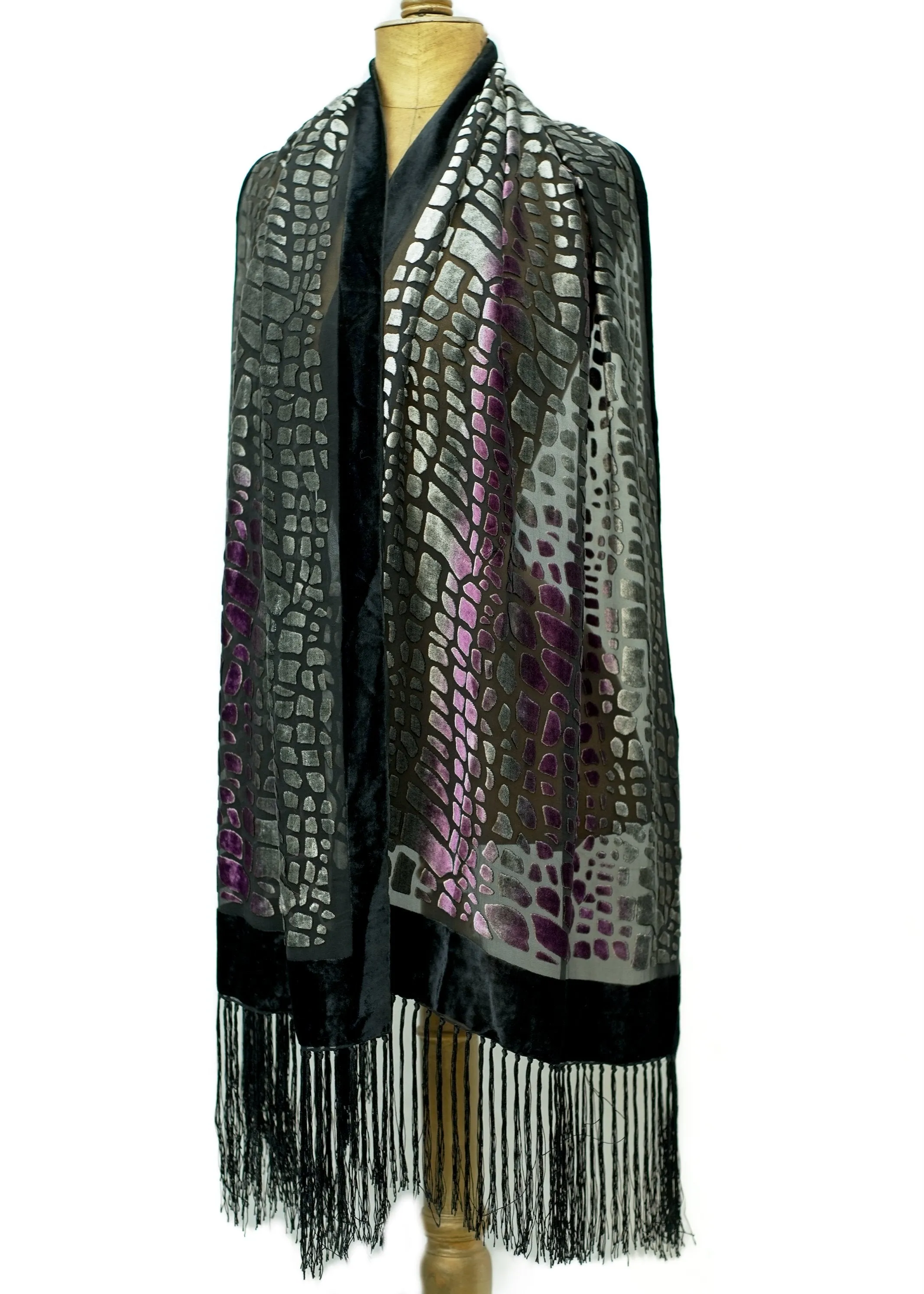 Vintage Black Purple Silk Velvet Burnout Shawl Scarf