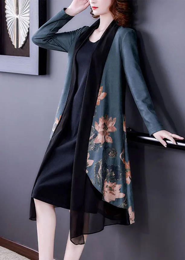 Vintage Blue Asymmetrical Tulle Patchwork Loose Cardigans Long Sleeve