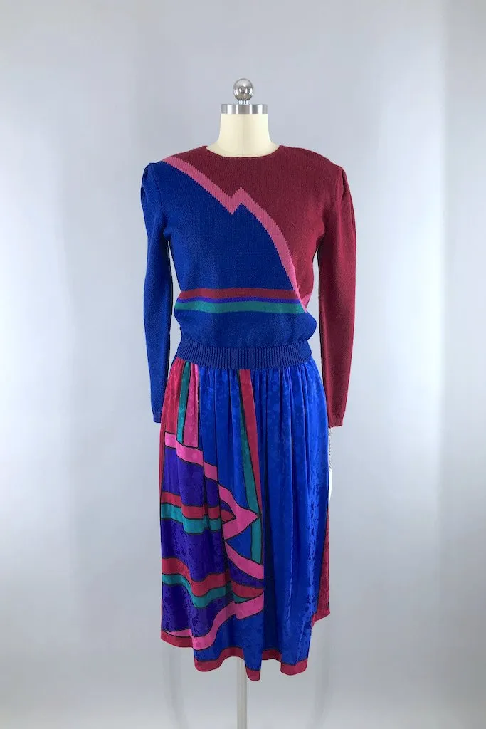 Vintage Blue Silk Sweater & Skirt Set