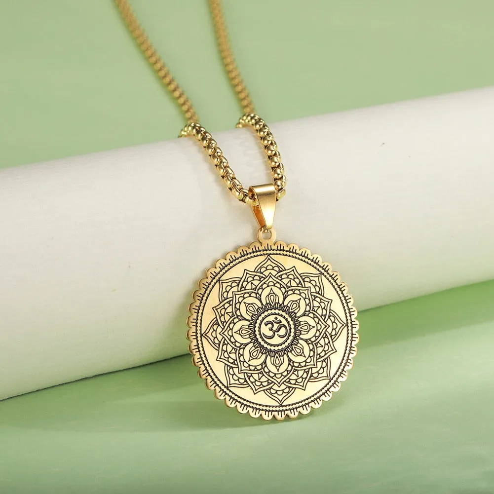 Vintage Buddhism Mandala Yoga Pendant OM Necklace Religious Geometry Meditation Amulet Stainless Steel Jewelry