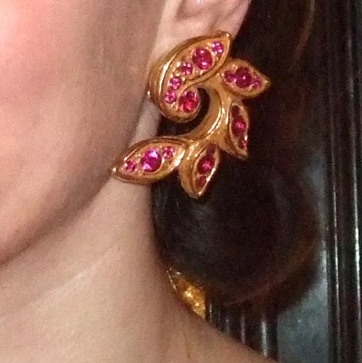 Vintage Christian Lacroix Earrings Pink Crystal Gold Clip On