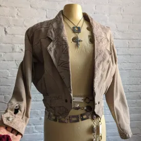 Vintage Cropped Leather Biker Jacket Neutral Suede Western Geometric Funky Coat