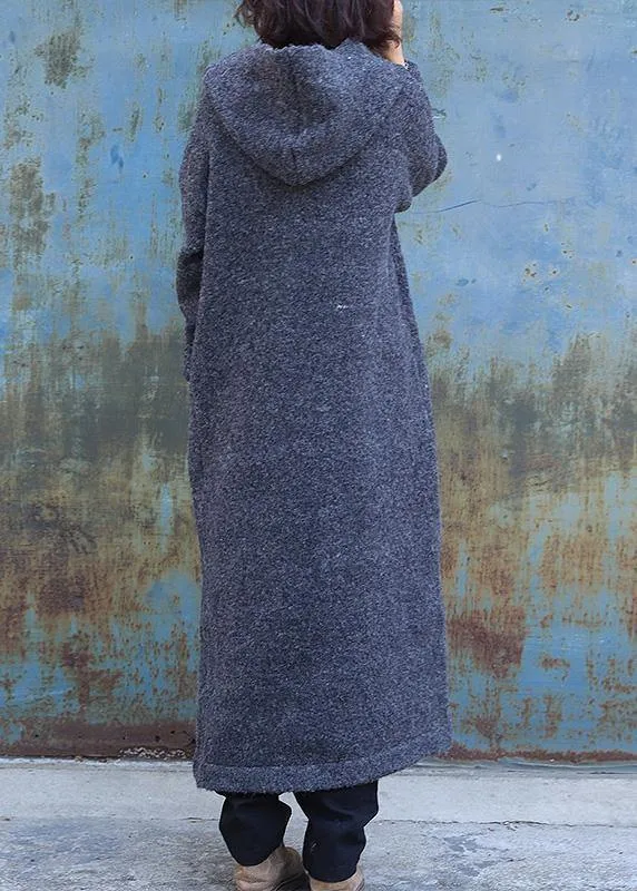 vintage dark gray woolen outwear trendy plus size double breastmaxi coat hooded woolen outwear