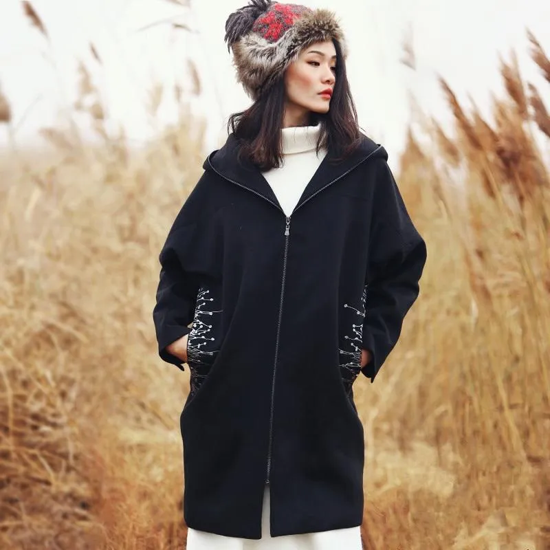 Vintage Embroidered Hooded Woolen Coat | Mandala