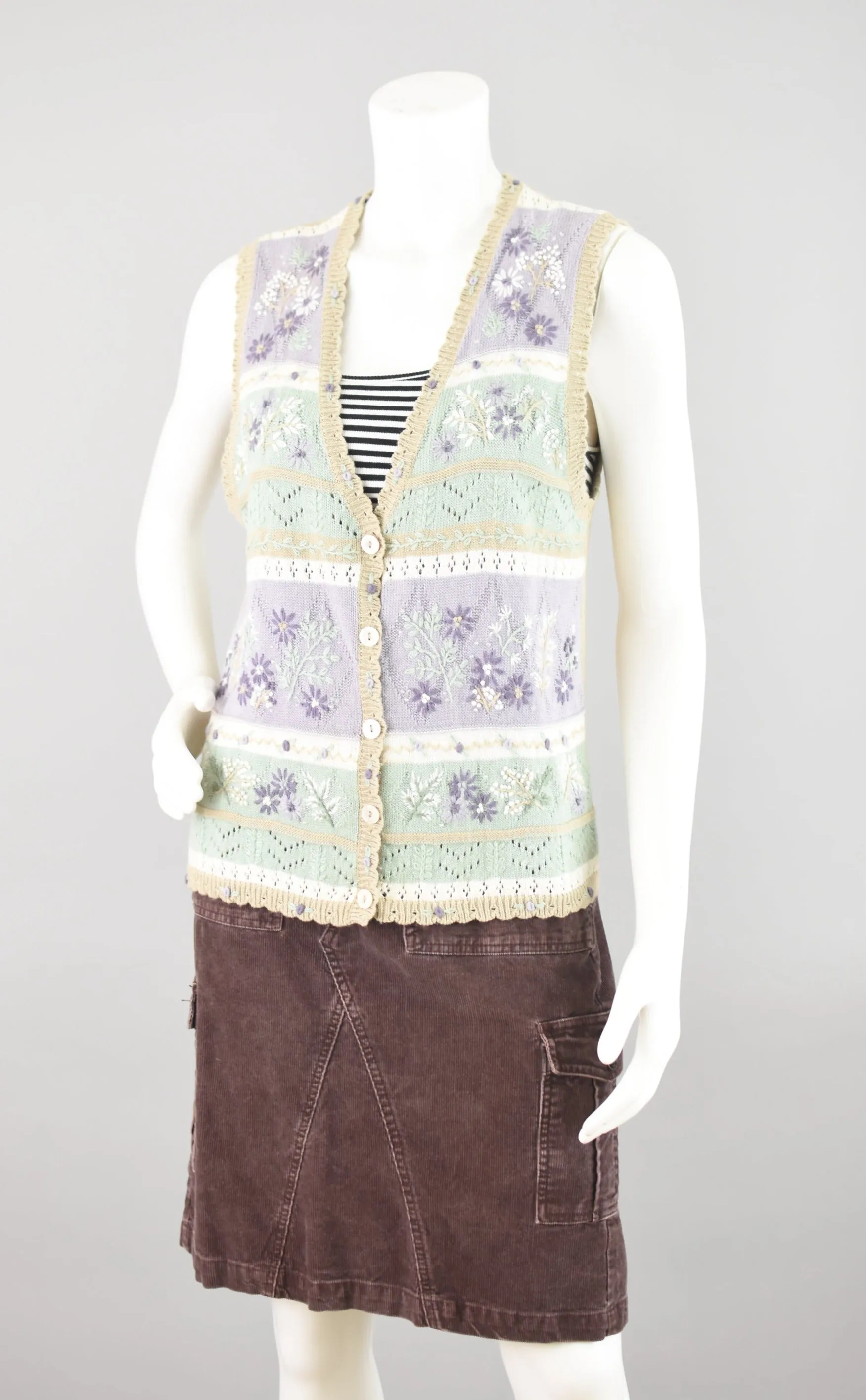 Vintage Embroidered Pastel Floral Crochet Sweater Vest, Women's Petite Medium