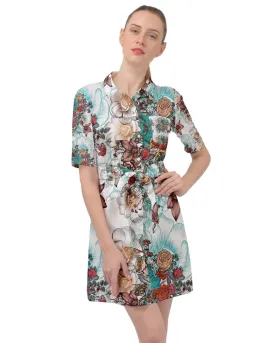 Vintage Floral Butterfly Belted Shirt Dress