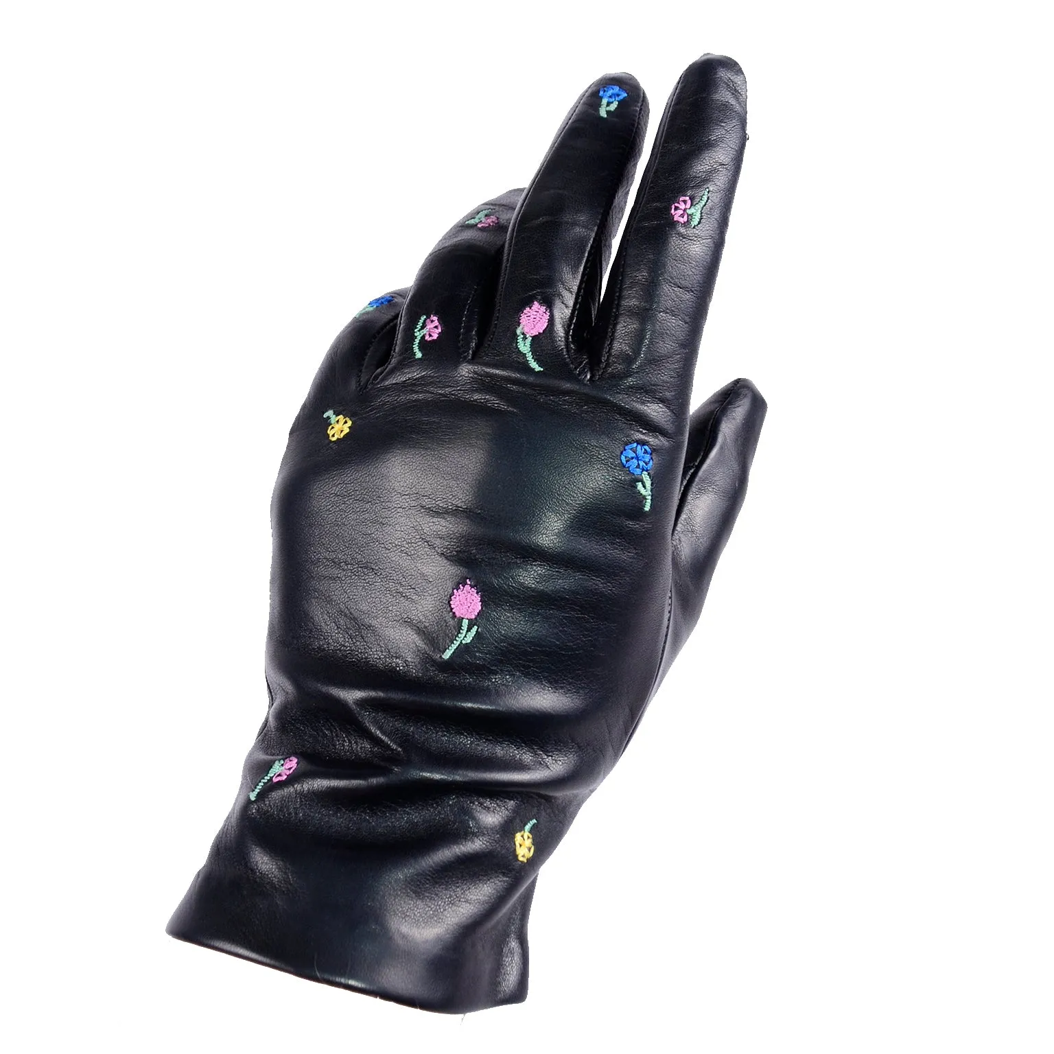 Vintage Floral Embroidered Black Leather Gloves W Silk Lining