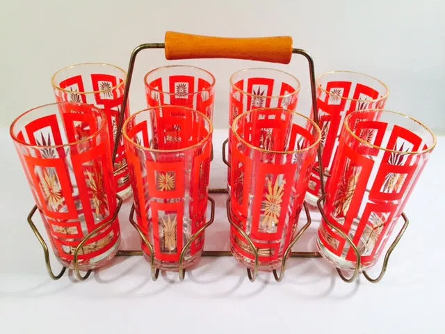 Vintage Mid-Century Jeannette Glassware Geometric Red and 22-Karat Gold Highball Glasses with Retro Carrier (Set of 8 plus Carrier)