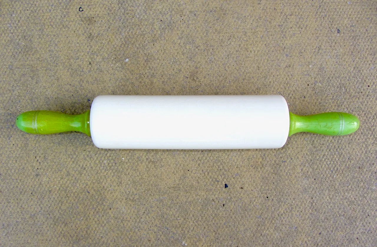 Vintage Nutbrown Ceramic Rolling Pin With Green Painted Wood Handles