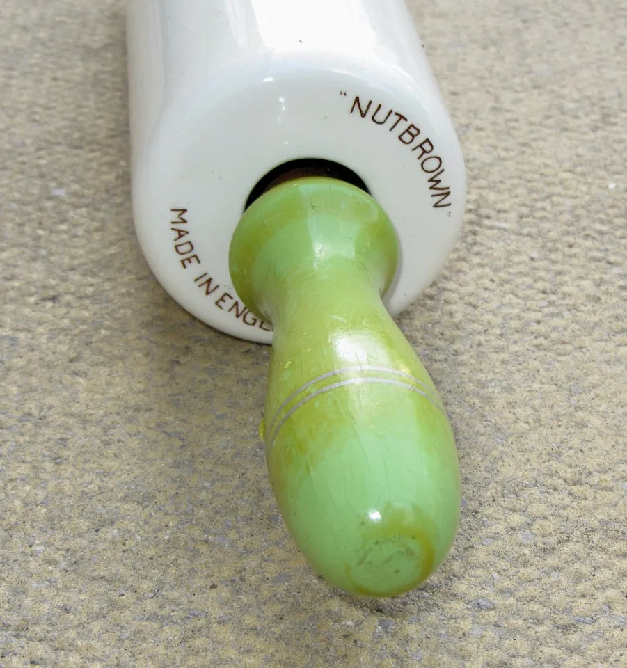 Vintage Nutbrown Ceramic Rolling Pin With Green Painted Wood Handles