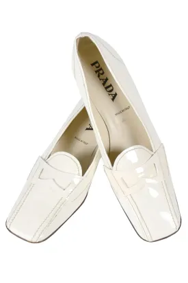 Vintage Prada Shoes W/ Square Toes & Block Heels in Ivory Patent Leather