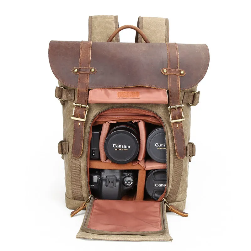 Vintage Waxed Canvas Leather SLR Camera Backpack 3033