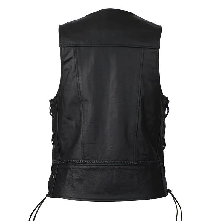 VL908 Vance Leather Buffalo Nickel Leather Motorcycle Vest with Braids and Side Laces