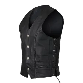 VL908 Vance Leather Buffalo Nickel Leather Motorcycle Vest with Braids and Side Laces