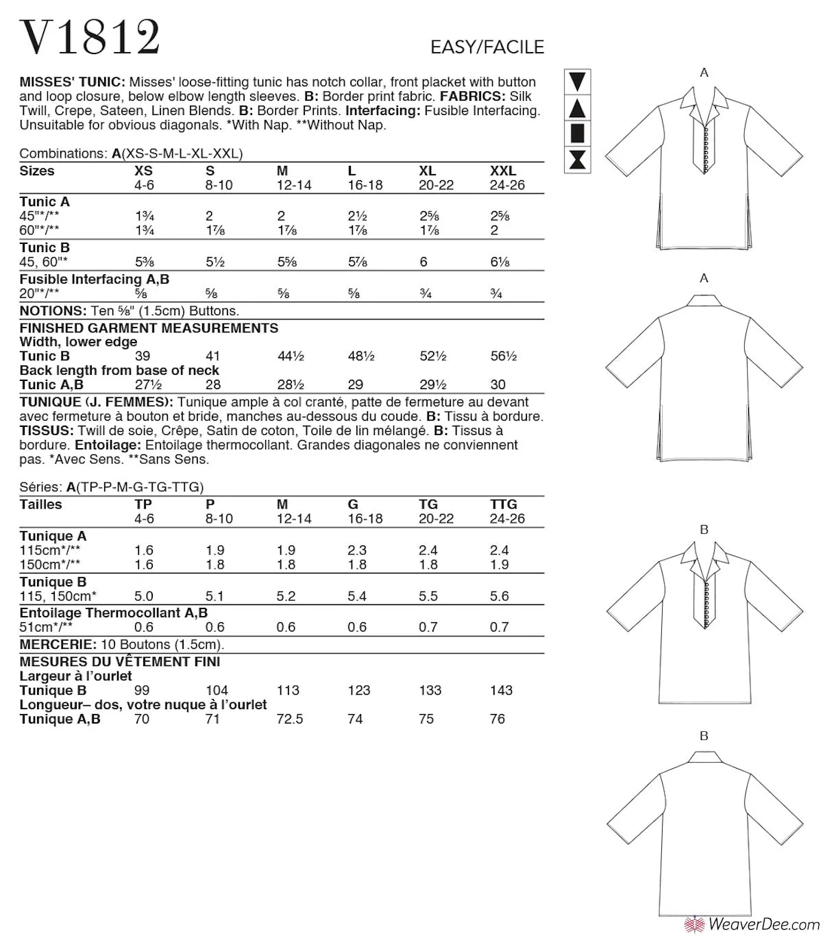 Vogue Pattern V1812 Misses' Tunics