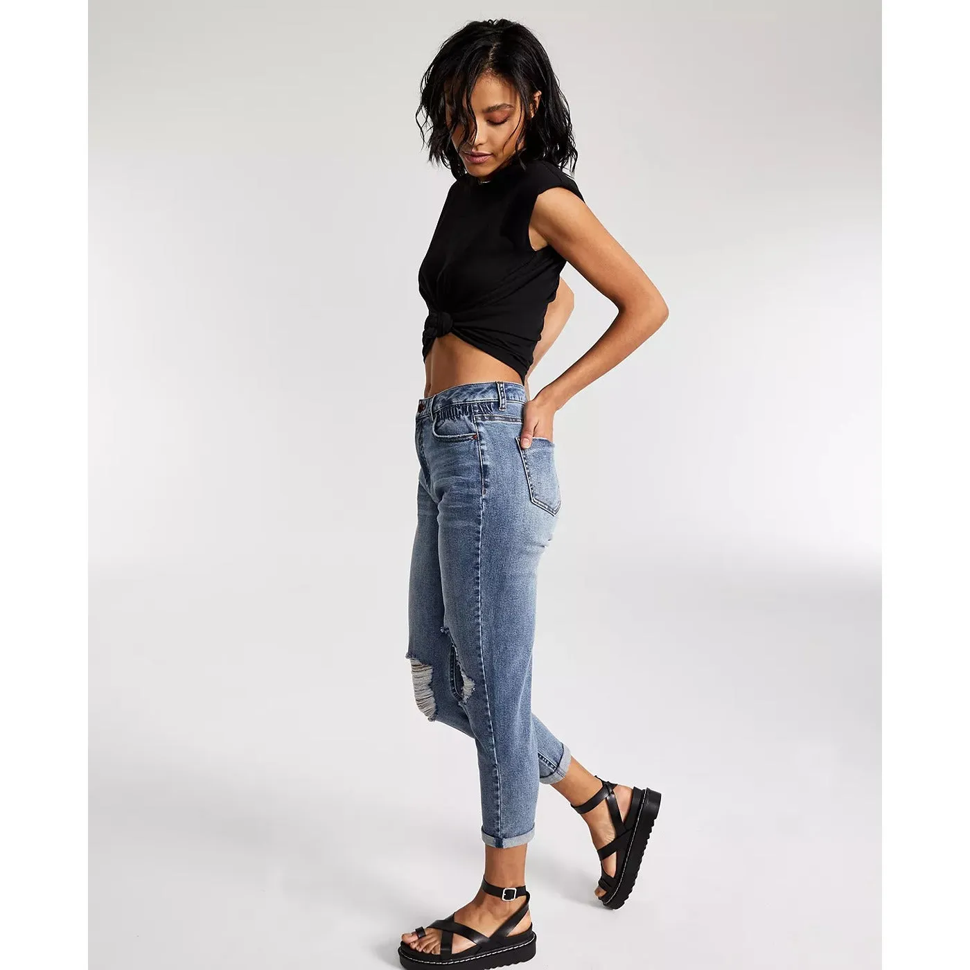 VS Destructed Cinched Waist Mom Jeans