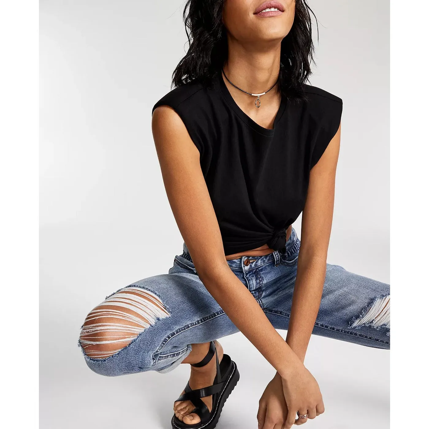 VS Destructed Cinched Waist Mom Jeans