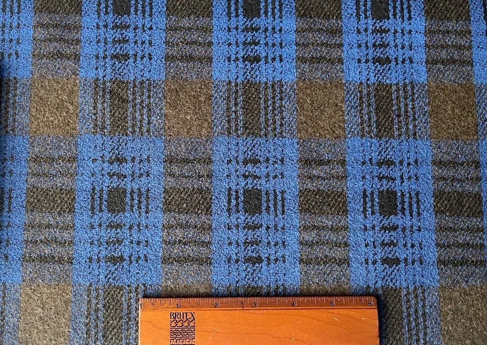 Walnut & Painted Cerulean Plaid Wool Melton Coating (Made in Italy)