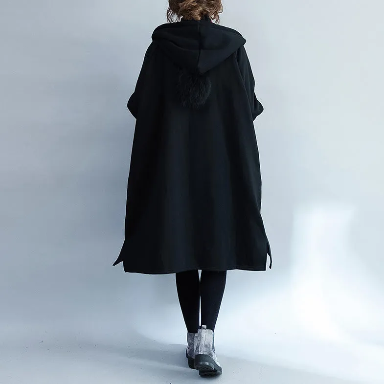 Warm black Parkas for women casual hooded coats jacket Casual side open overcoat