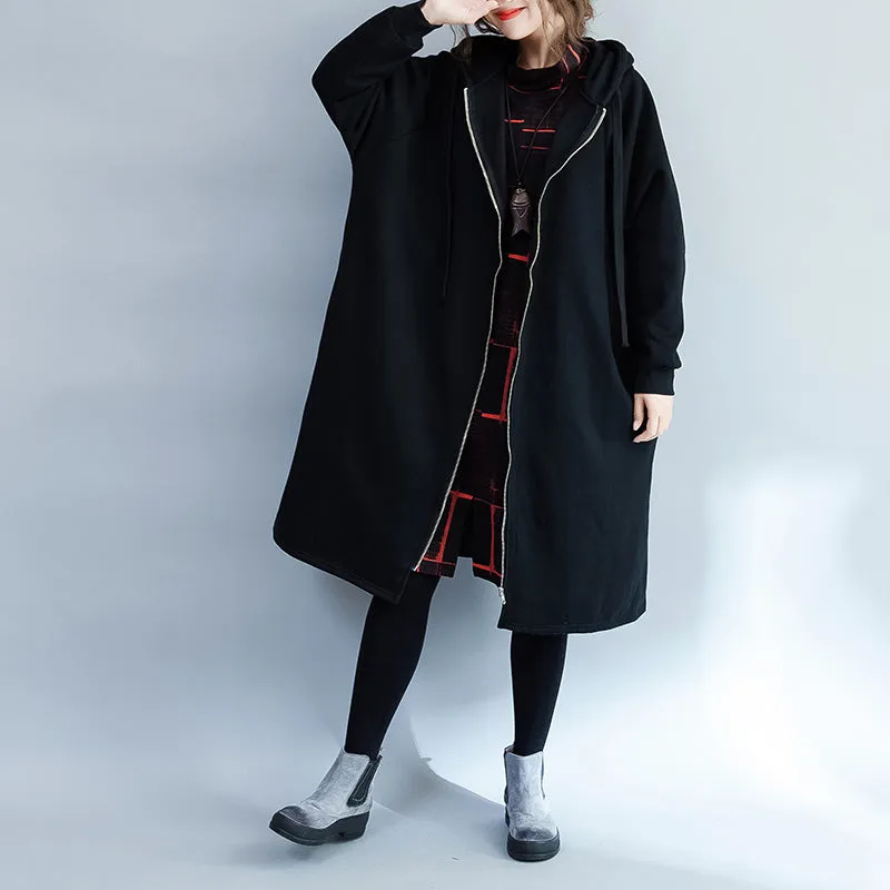 Warm black Parkas for women casual hooded coats jacket Casual side open overcoat