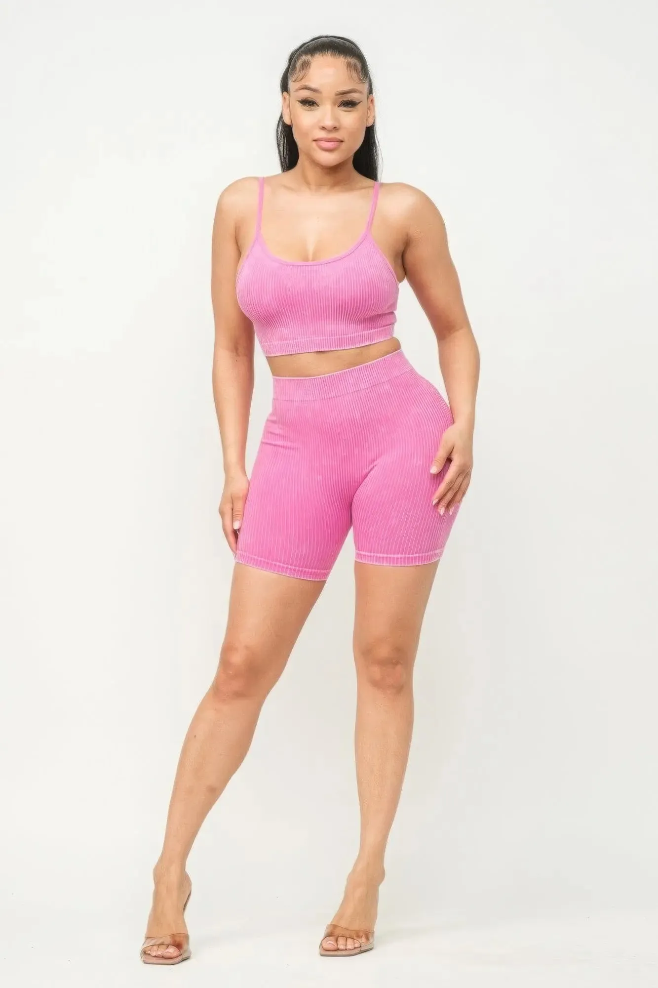 Washed Seamless Basic Tank Top And Shorts Set