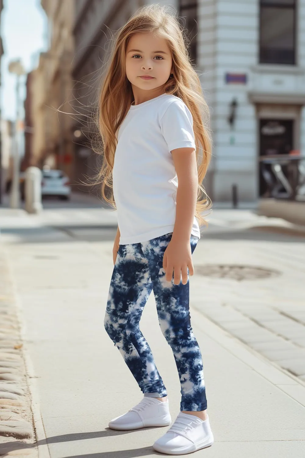 Waterfall Lucy Blue Cute Tie Dye Printed Stretch Leggings - Kids