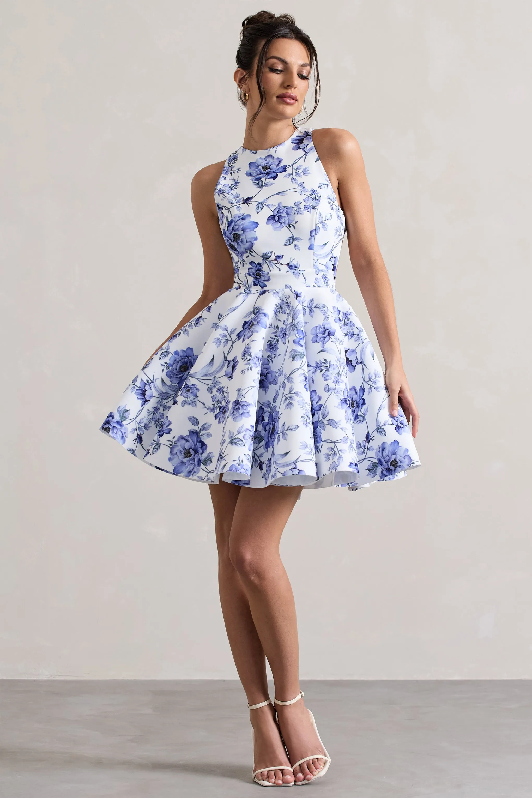 Waverly | Blue Floral Racer-Neck Sleeveless Skater Mini Dress