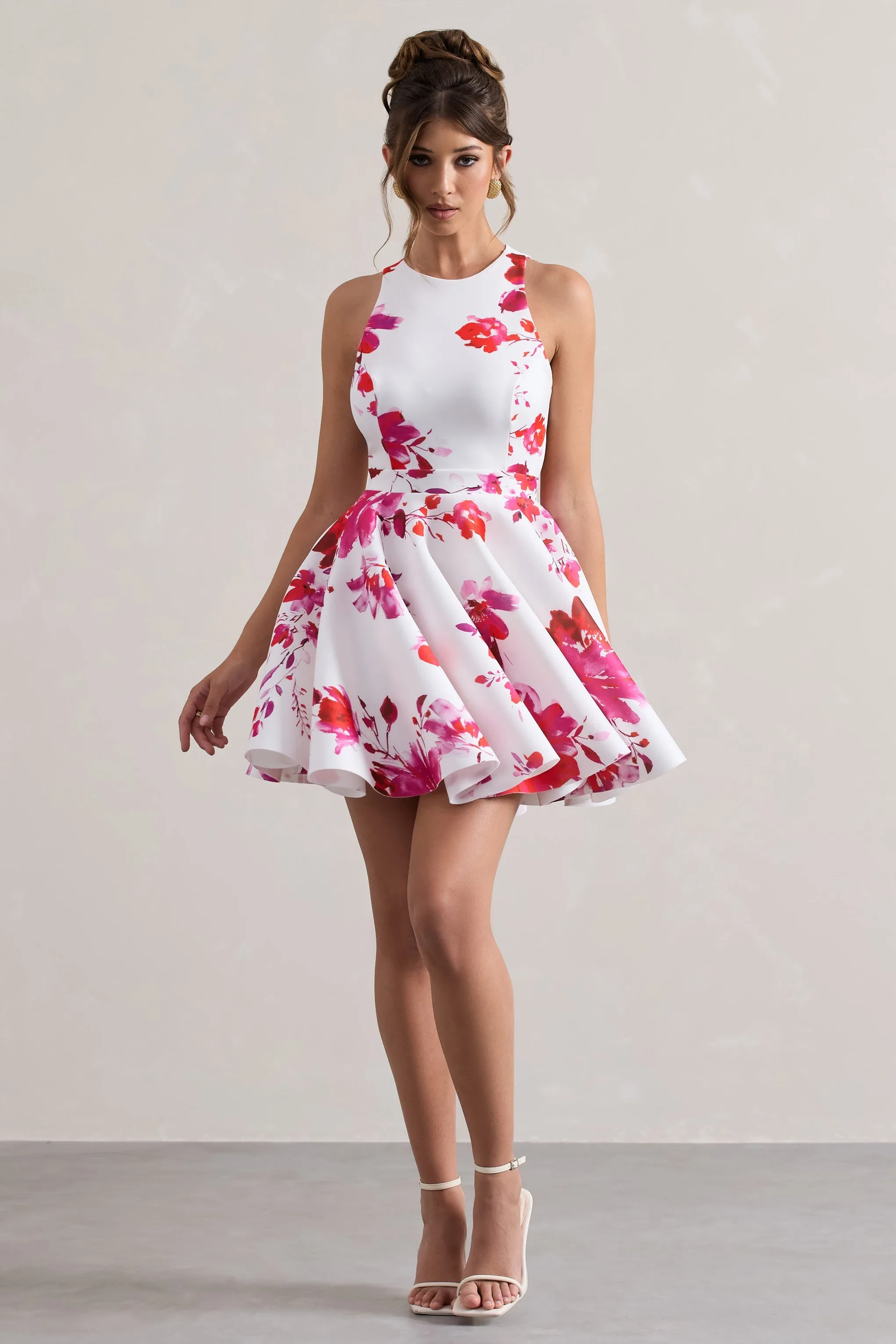 Waverly | Pink Floral Racer-Neck Sleeveless Skater Mini Dress