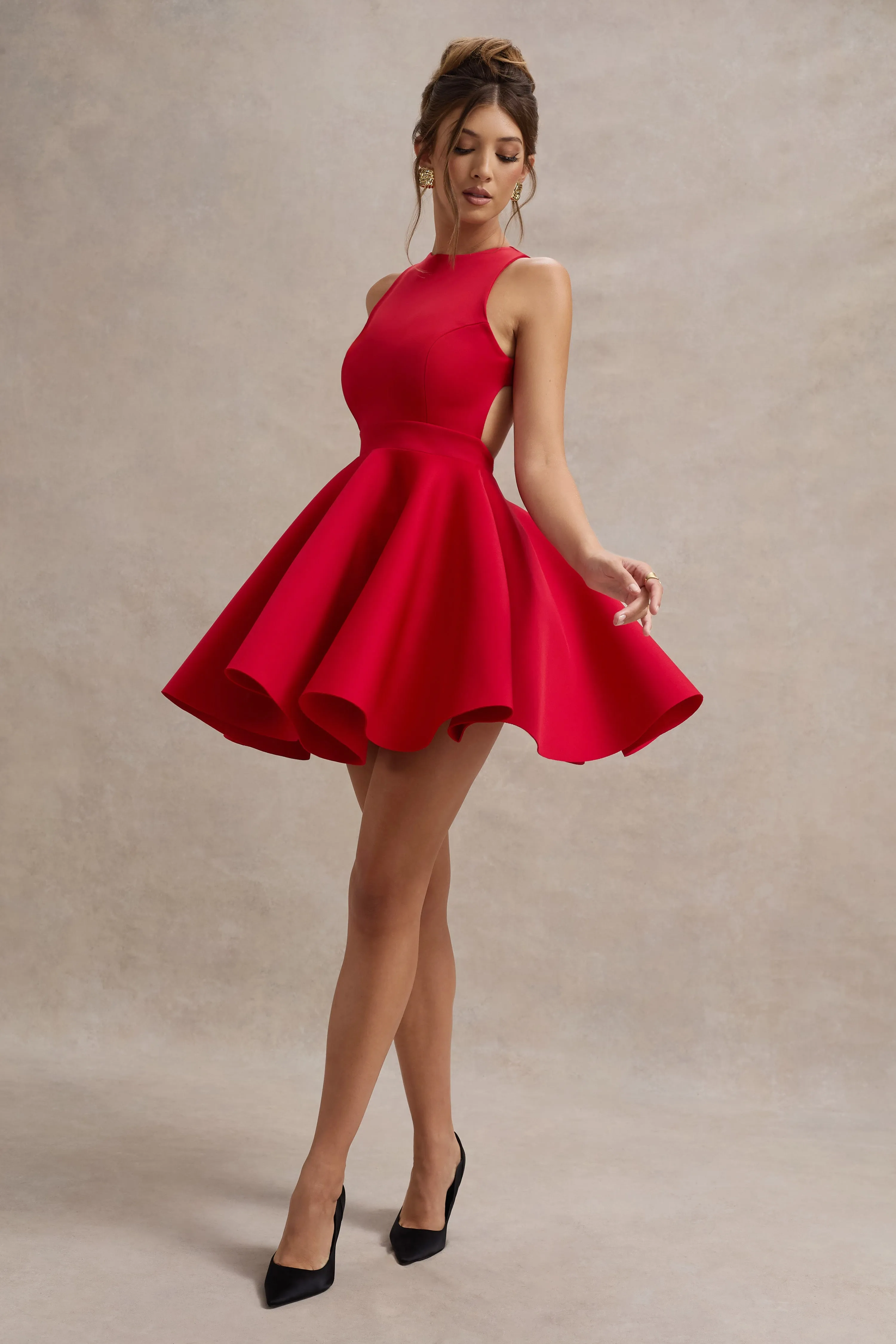 Waverly | Red Racer-Neck Sleeveless Skater Mini Dress