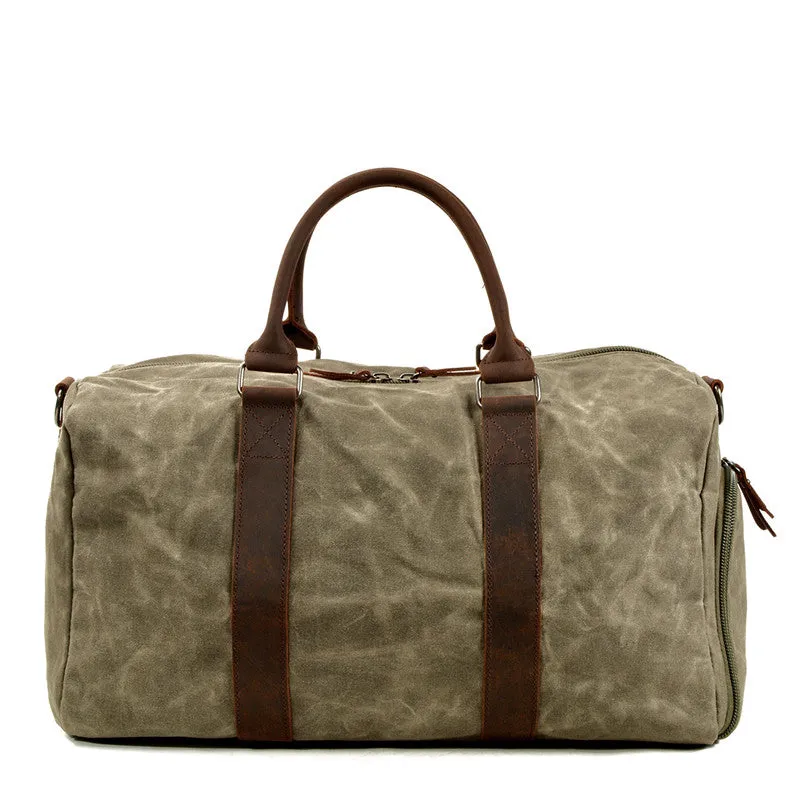 Waxed Canvas Leather Travel Bag Duffle Bag Weekender Bag with Shoe Pouch