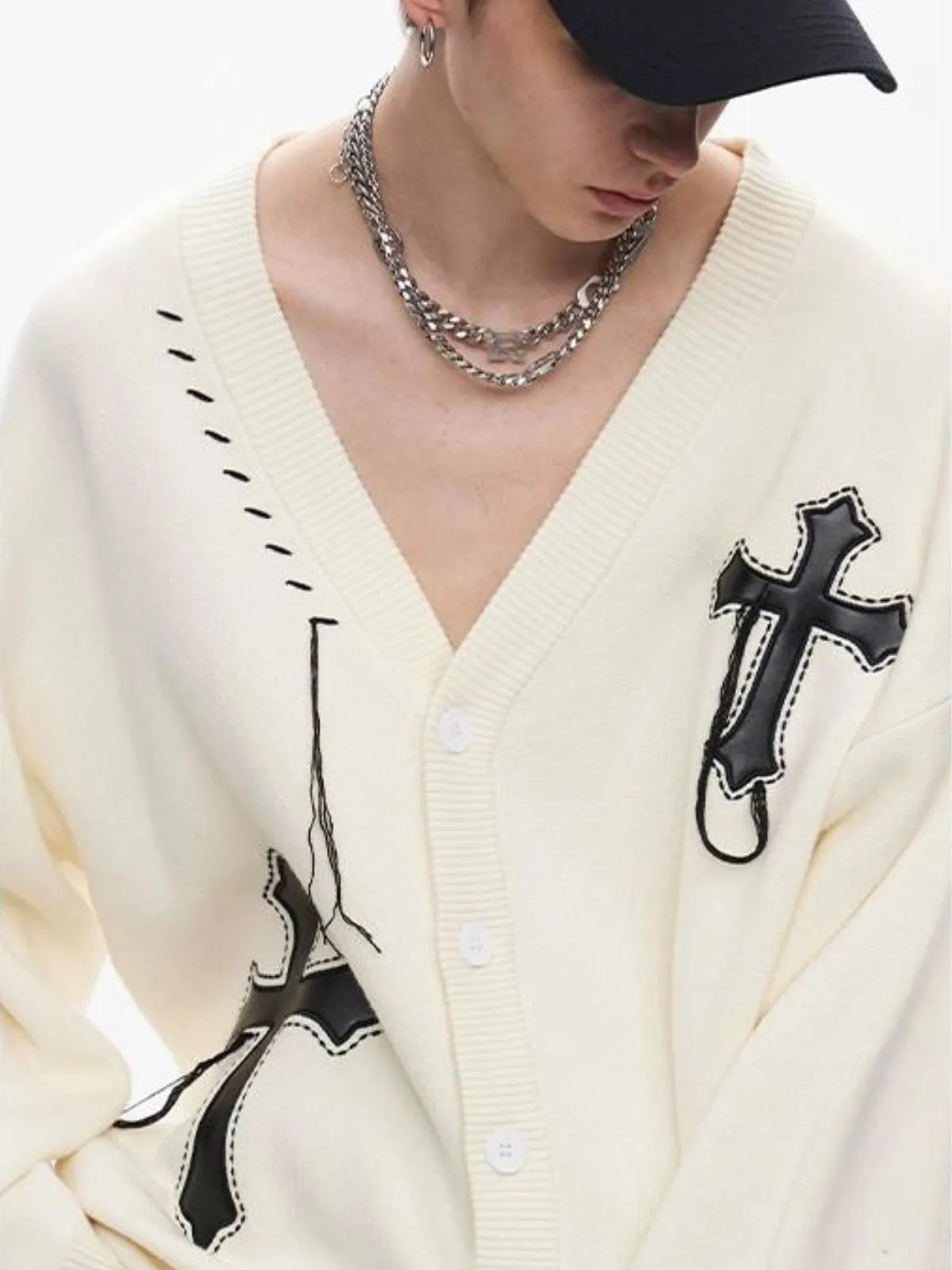 We Love Street Embroidered Cross V-neck Knitted Cardigan