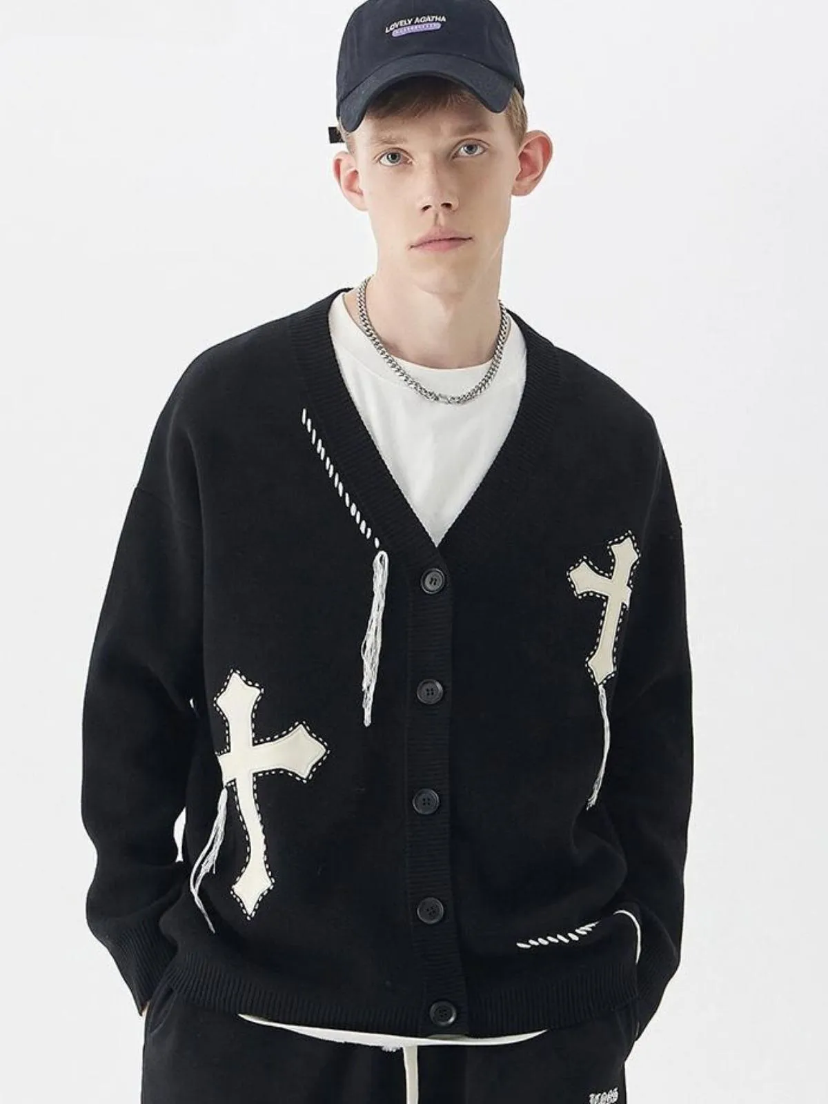 We Love Street Embroidered Cross V-neck Knitted Cardigan